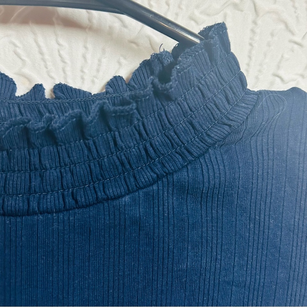 Loft XL Ribbed Navy Ruffle Neck Top - Picture 3 of 5